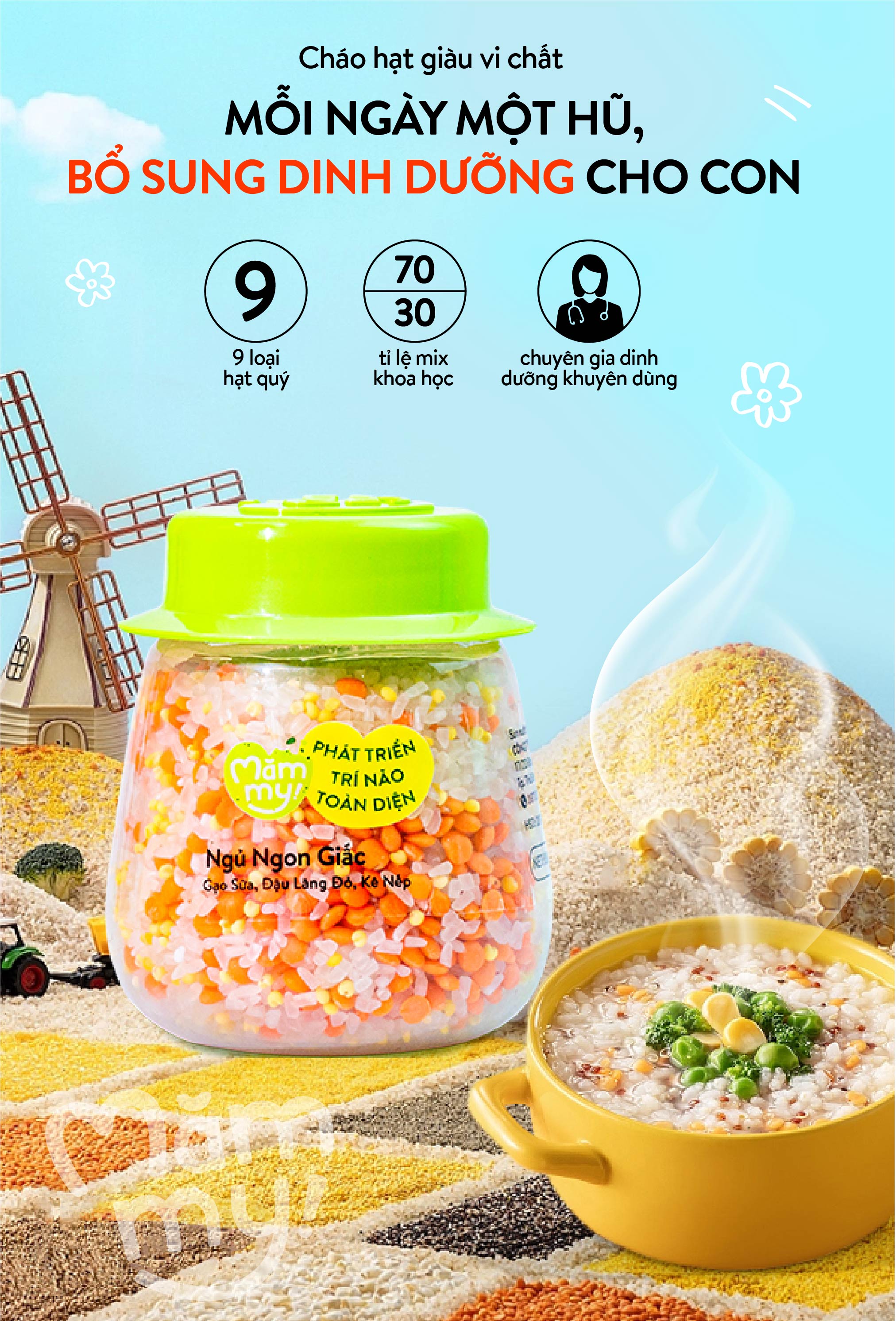 Combo chóng lớn Mămmy bao gồm set 9 hạt mix, 2 hộp phô mai và set 3 dầu 30ml dành cho bé 6 tháng tuổi