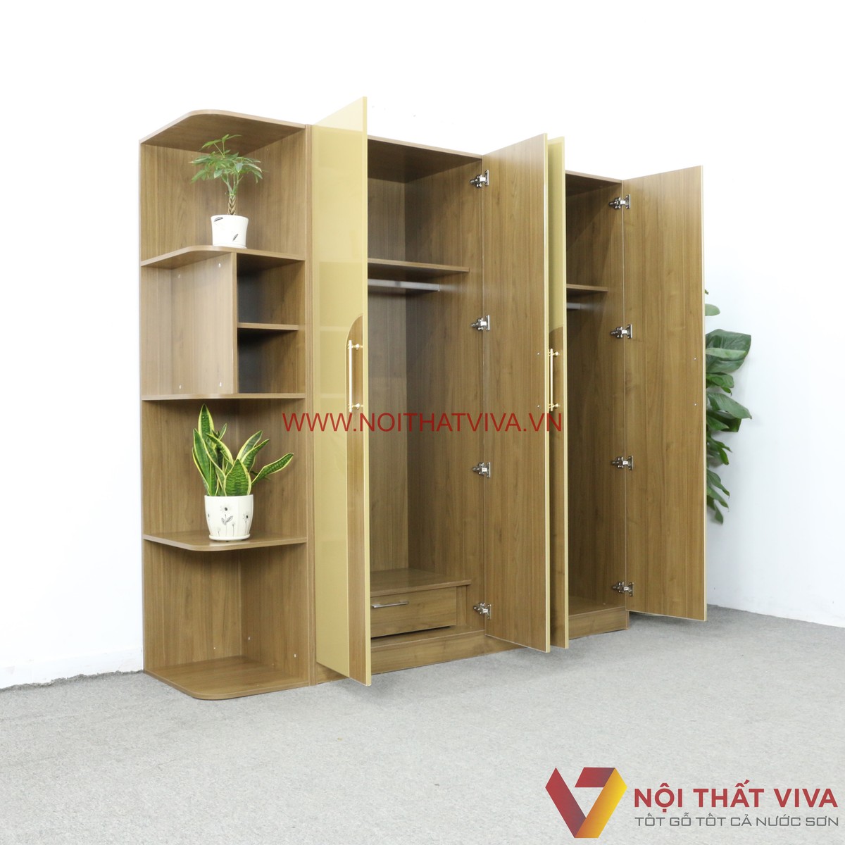 Tủ Quần Áo Có Kệ Trang Trí 4 Cánh Sơn 2K Màu Vàng Nâu Đẹp Hiện Đại