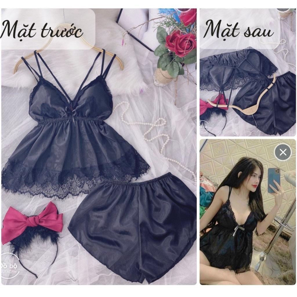 Đồ ngủ sexy nữ, đồ ngủ 2 dây có mút ngực màu đen