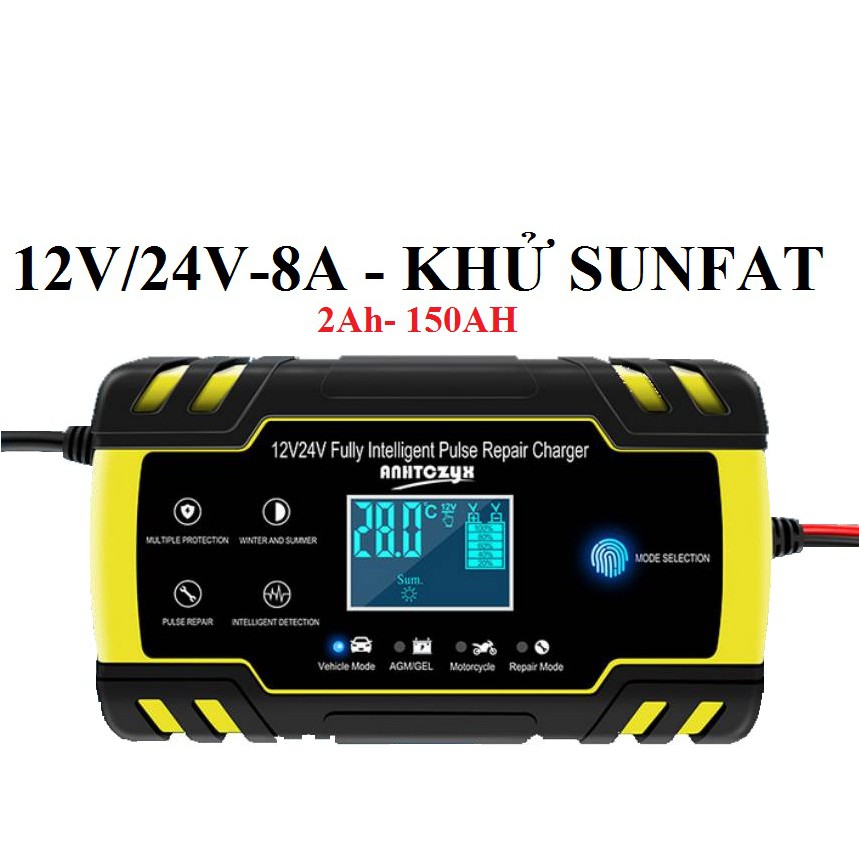 Máy sạc bình ắc quy 12V-24V/8A kèm khử sunfat phục hồi ắc quy thông minh tự ngắt khi đầy chống ngược cực có LCD và quạt tản nhiệt sạc được cho cả bình khô bình ướt từ 4ah-150Ah