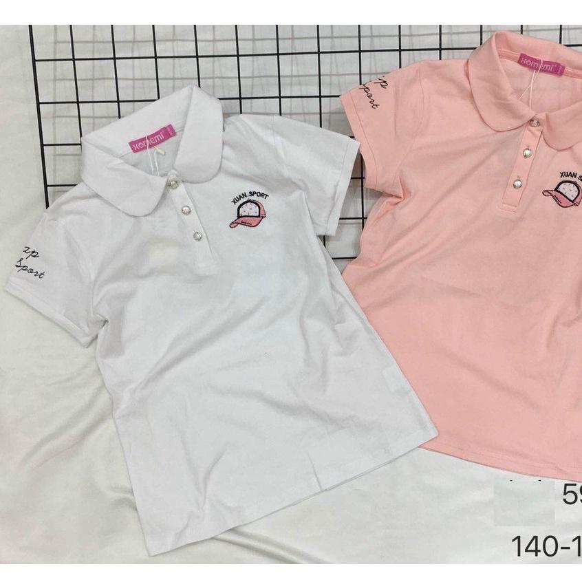 Áo Polo bé gái 7-12 tuổi cộc tay thêu hình mũ, Áo phông cho bé vải cotton cao cấp thoáng mát khỏe khoắn thời trang