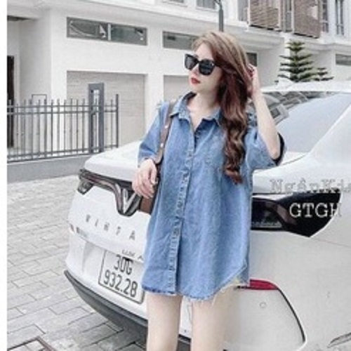 Áo sơ mi jean cộc tay Quảng châu CO GIÃN oversize cho nữ ATN772