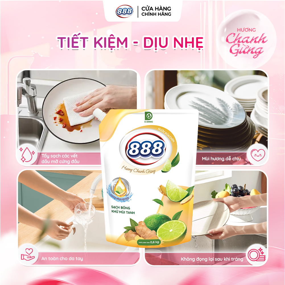 Combo 4 Túi Nước Rửa Chén 888 Hương Chanh Gừng Dịu Nhẹ Cho Da Tay 0.6kg/Túi