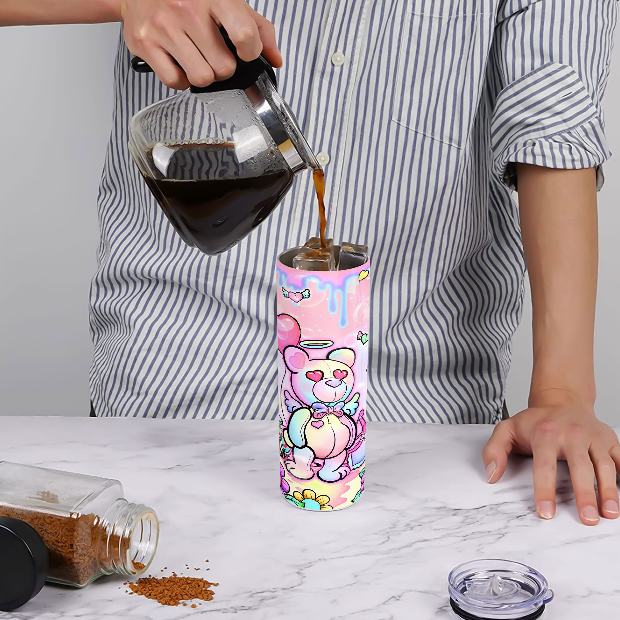Bình Giữ Nhiệt In Hình Gấu Hồng - Cốc Giữ Nhiệt Gấu Hồng - Bình Nước 2 Lớp Thép Không Gỉ SUS 304 - 600ml