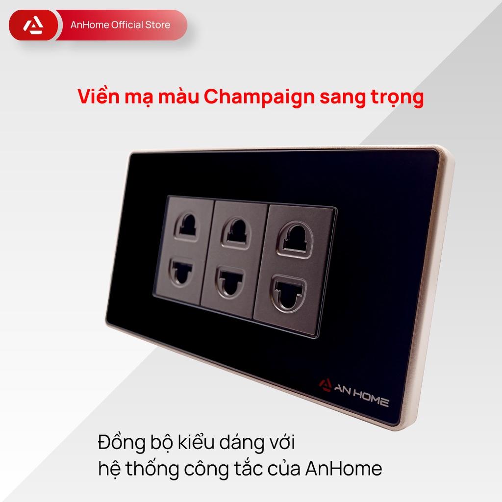 Ổ cắm điện mặt kính cường lực chữ nhật 2 chấu viền mạ Champagne AnHome GR-U2
