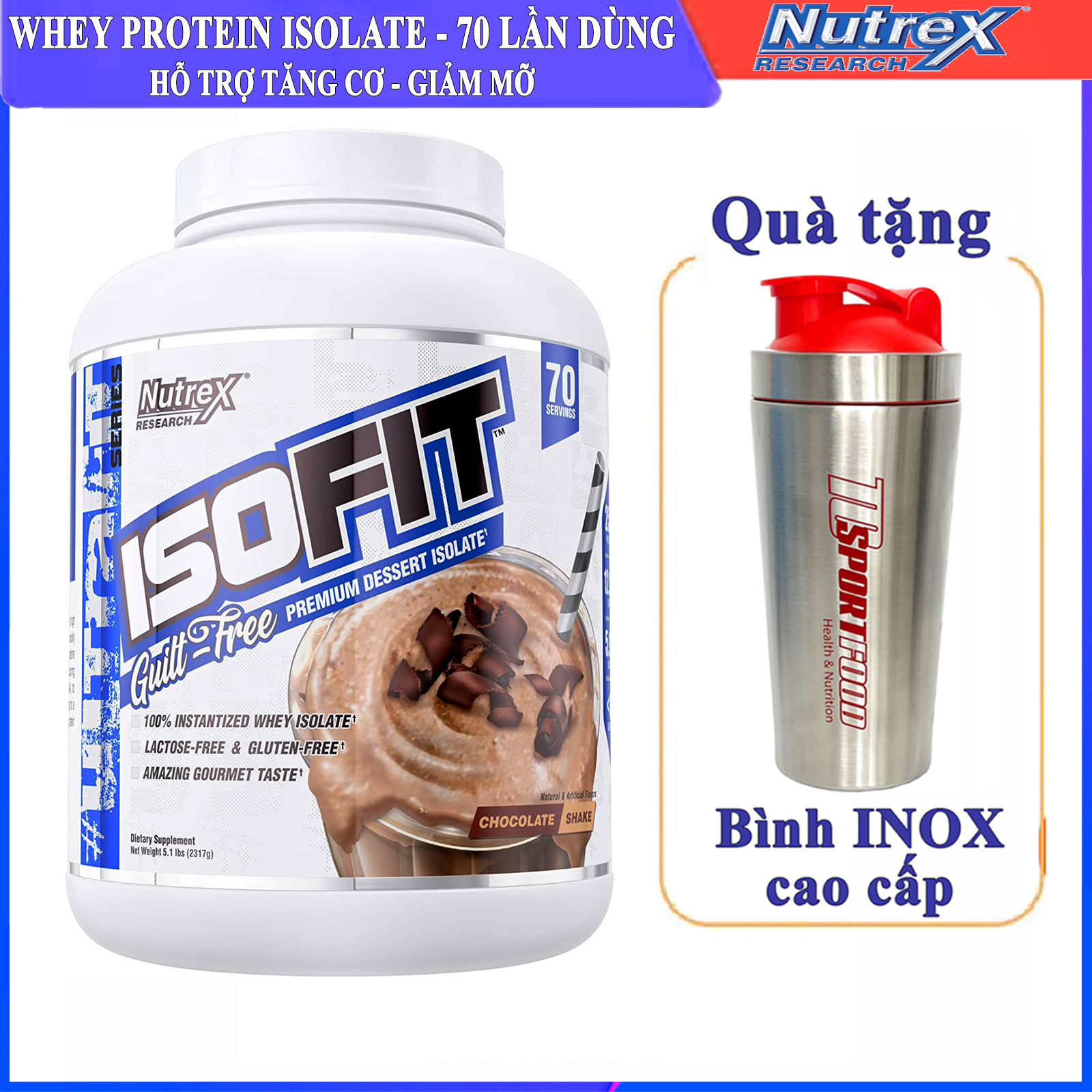 Combo Sữa tăng cơ giảm mỡ cao cấp ISOFIT của Nutrex hương Chocolate hộp 70 lần dùng hỗ trợ tăng cơ, giảm cân, đốt mỡ cho người tập GYM & Bình INOX 739ml (Mẫu ngẫu nhiên)