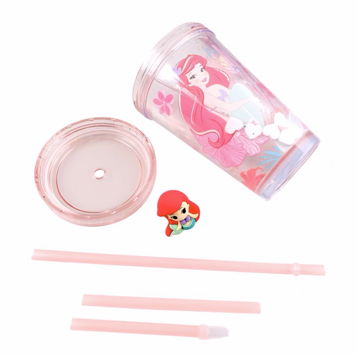 Ly pha lê ống hút 2 lớp kim tuyến vật nổi kèm Sticker 3D hình nàng tiên cá công chúa Ariel - PDP2510H