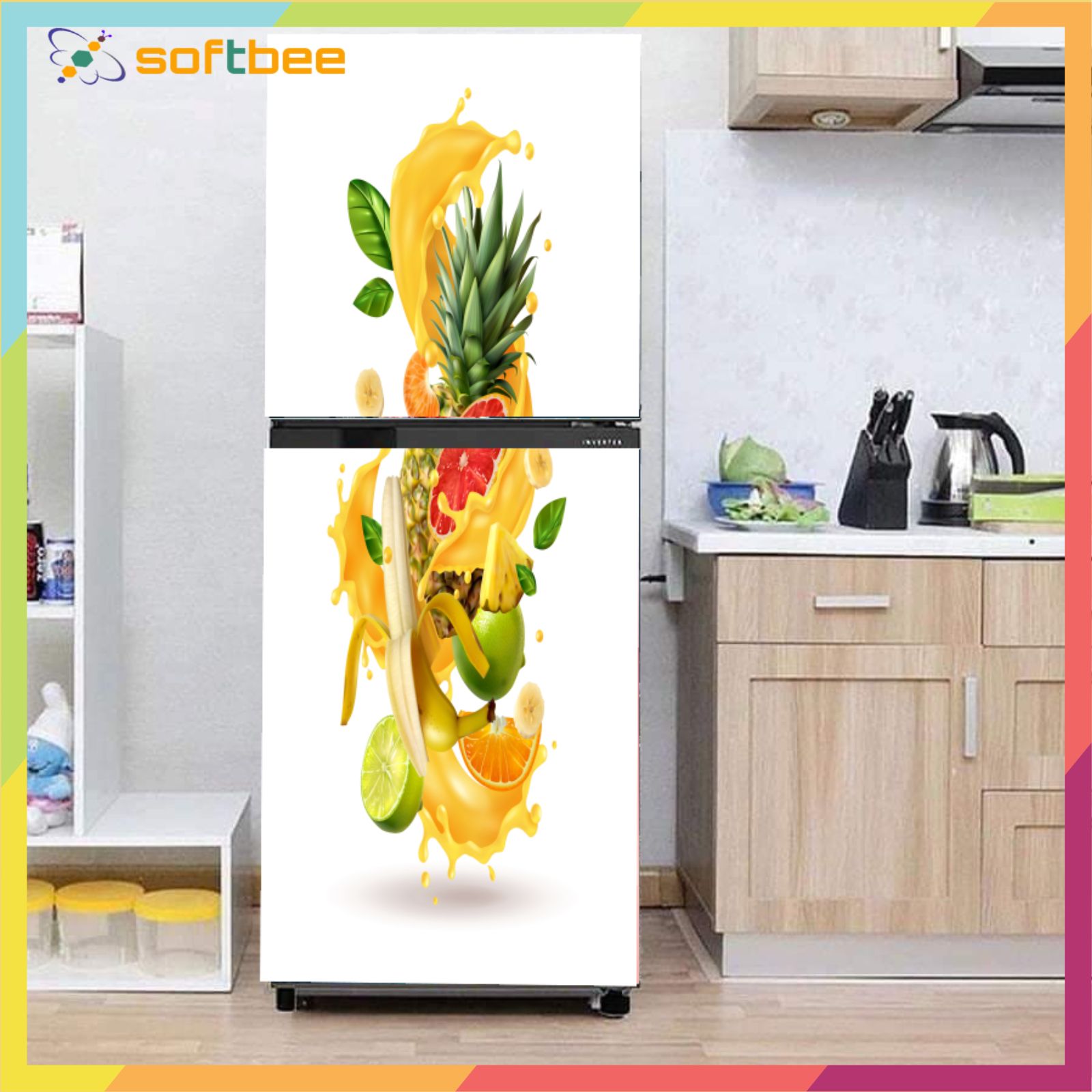 Miếng dán tủ lạnh chất liệu decal chống nước, in hình hoa quả nền trắng
