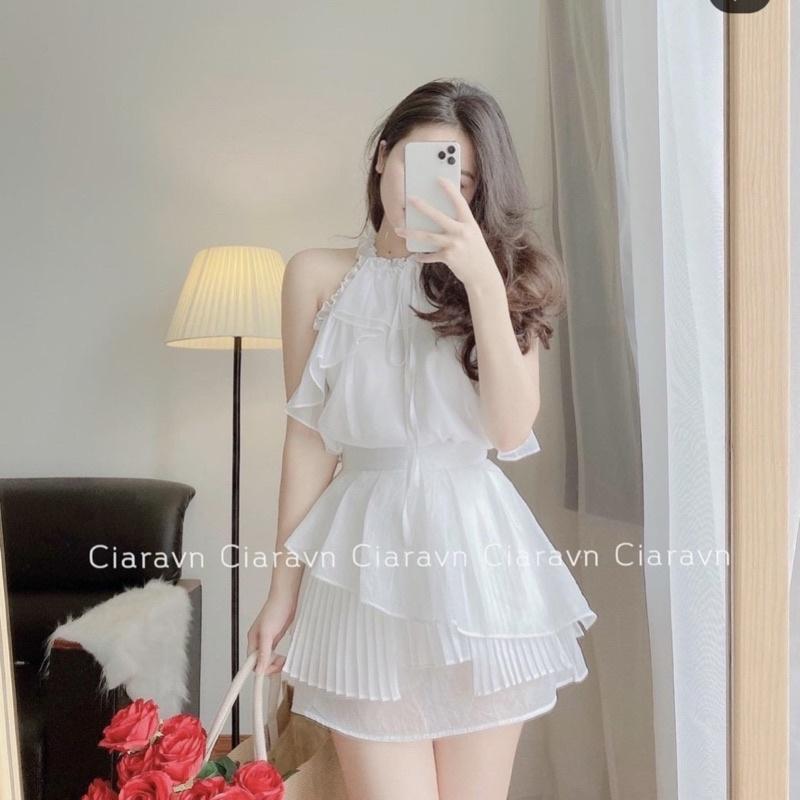 Sét Áo Trắng Cổ Yếm Bèo Mix Chân Váy Sét Siêu Xinhh