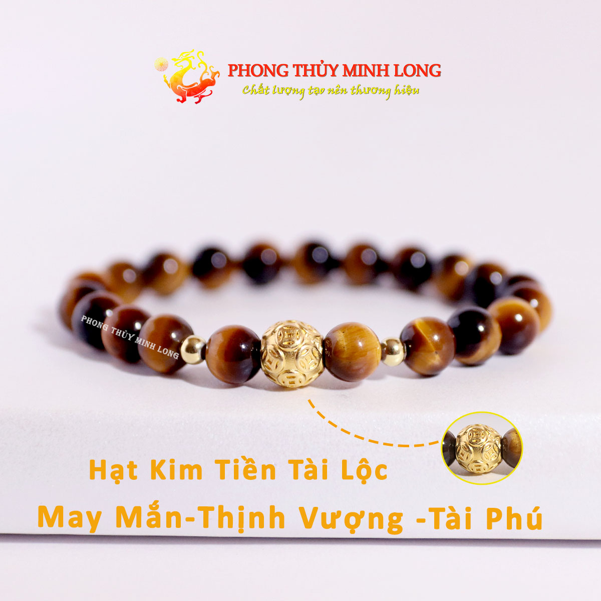 Vòng tay đá mắt hổ vàng nâu mix hạt kim tiền vàng