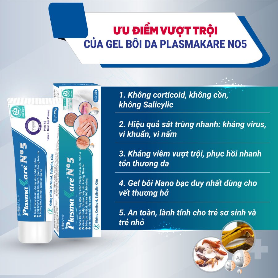 Kem bôi da nano bạc Gel PlasmaKare No5 (PlasmaKare số 5), thuốc bôi ngoài da kháng nấm, khoáng khuẩn, virus...chống viêm, giảm ngứa, tái tạo da, chuyên sâu cho bệnh trên da