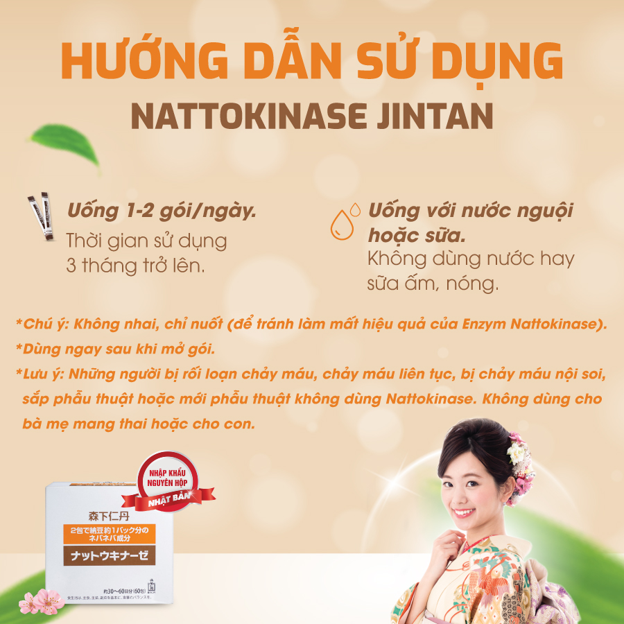 Thực phẩm bảo vệ sức khỏe Nattokinase Jintan Nhật Bản, hỗ trợ điều trị đột quỵ, tai biến, hộp 60 gói