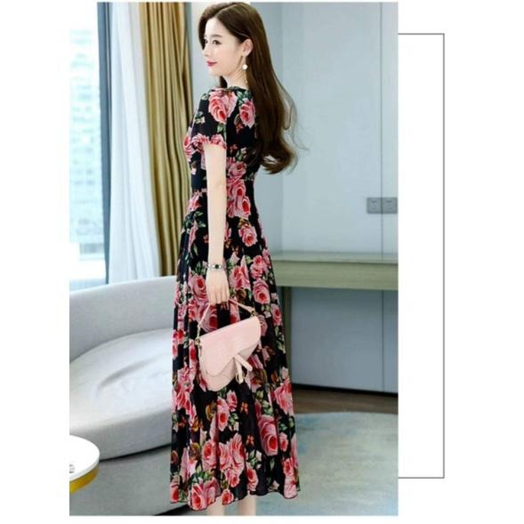 HÀNG NHẬP - ĐẦM MAXI VOAN HOA HỒNG CỔ TRÒN
