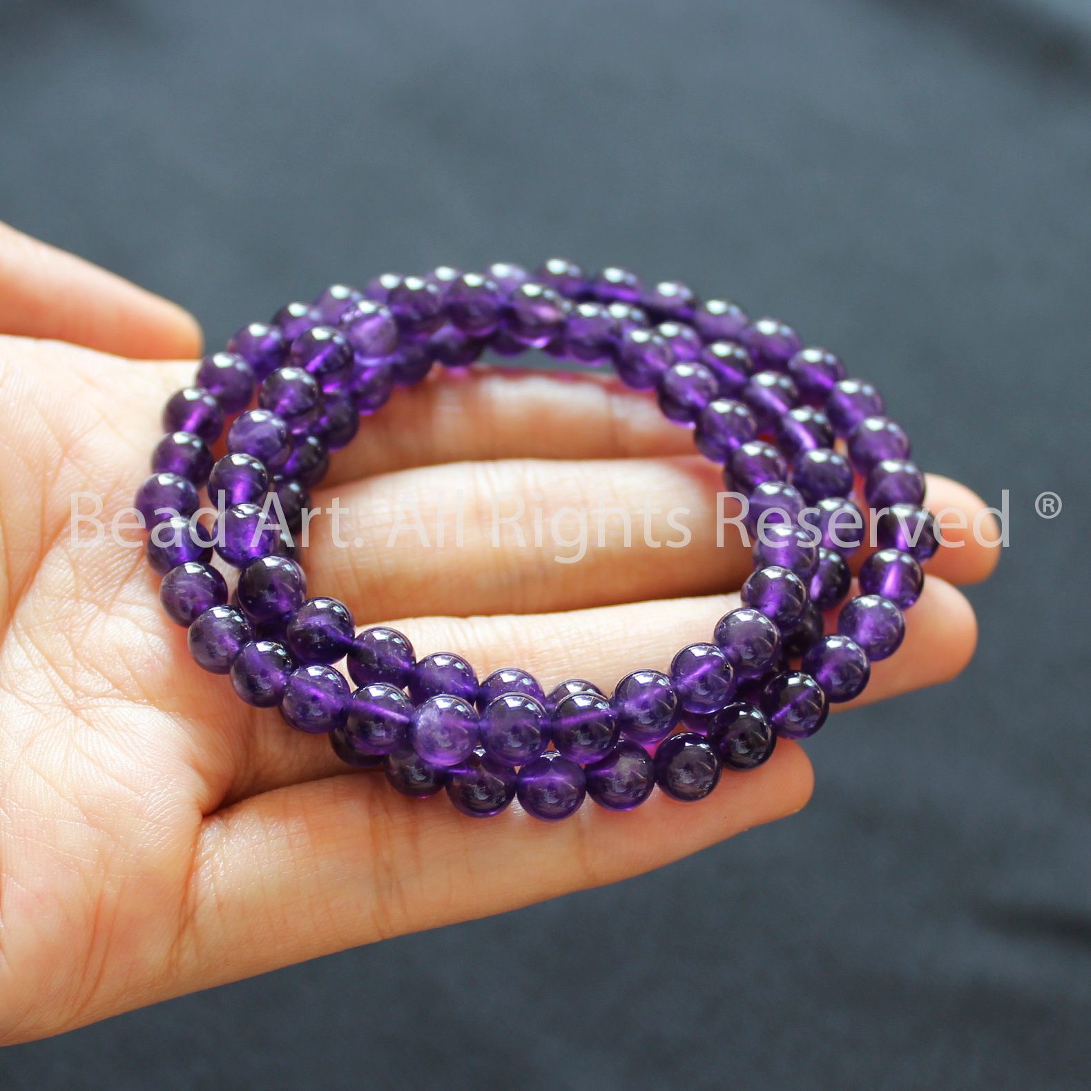 Chuỗi 6MM Quấn 3 Vòng Đá Thạch Anh Tím Đậm, Amethyst Tự Nhiên, Vòng Tay, Phong Thuỷ, Chuỗi Hạt, Trang Sức, Hợp Mệnh Thổ, Hỏa - Bead Art