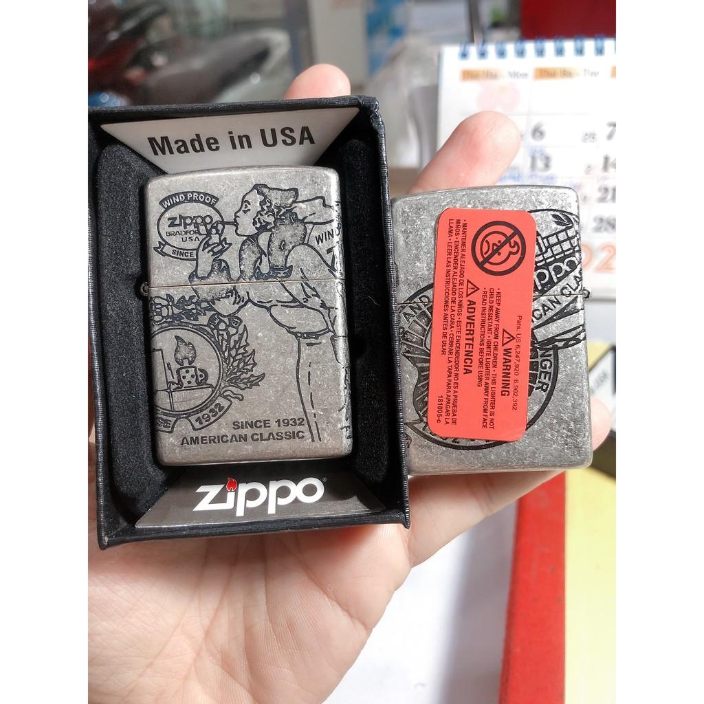 BẬT LỬA ZIPPO KHẮC ĂN MÒN WINDY GIRL, MÀU BẠC, LOẠI GIẢ CỔ ( CÔ GÁI GIÓ)