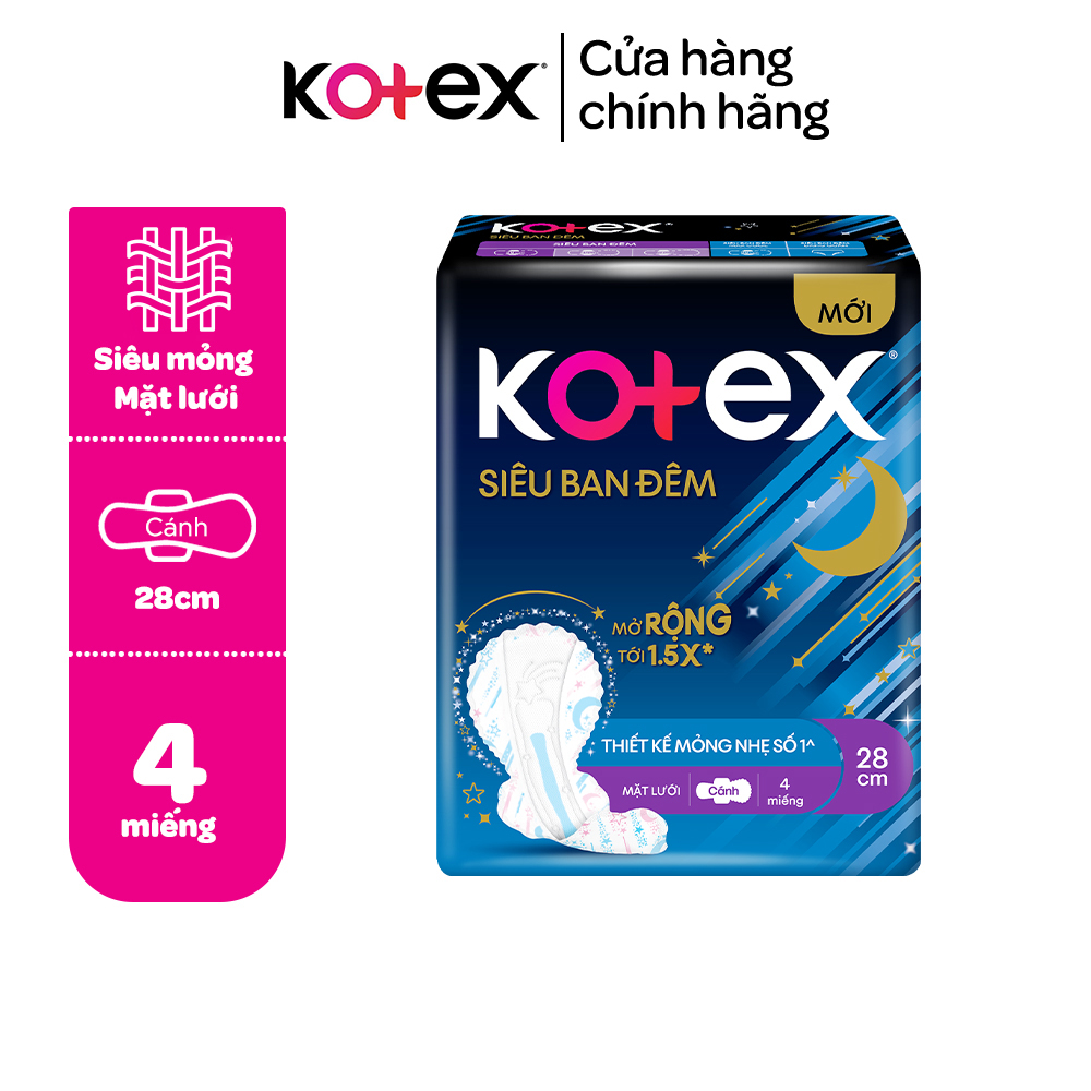 Băng vệ sinh Kotex ban đêm mặt lưới 4 miếng 28cm, siêu mỏng cánh.