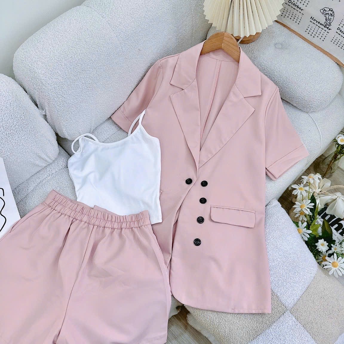 ÁO KHOÁC BLAZER / VEST NỮ PASTEL TAY LỬNG RỘNG SUÔNG TRƠN + QUẦN NGẮN GIẢ VÁY LƯNG CAO ỐNG RỘNG SHORTS + ÁO DÂY CROPTOP ĐI TIỆC ĐI LÀM CÔNG SỞ ĐI CHƠI DẠO PHỐ