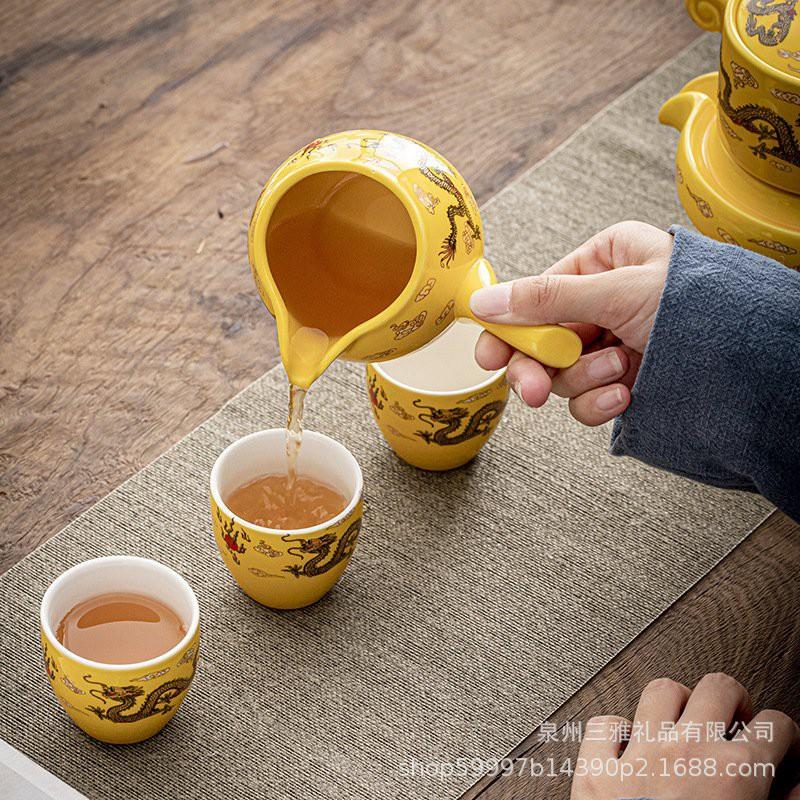 Bộ Ấm Chén Pha Trà Cối Xay - Xanh Đen Vàng kèm hộp quà tặng.