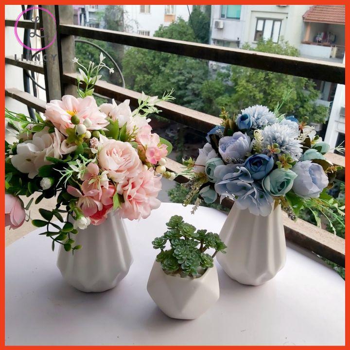 Bình hoa mix nhân tạo tông hồng, xanh cao 28cm trang trí nhà cửa, cửa hàng, văn phòng, lớp học