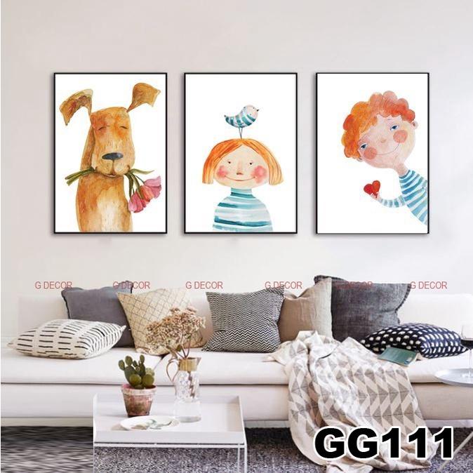 Tranh treo tường canvas 3 bức phong cách hiện đại Bắc Âu 101, tranh anime trang trí phòng cho bé, phòng khách, phòng ngủ