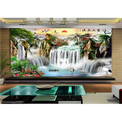 Tranh dán tường 3D thác nước phong thuỷ- vải lụa kim tuyến