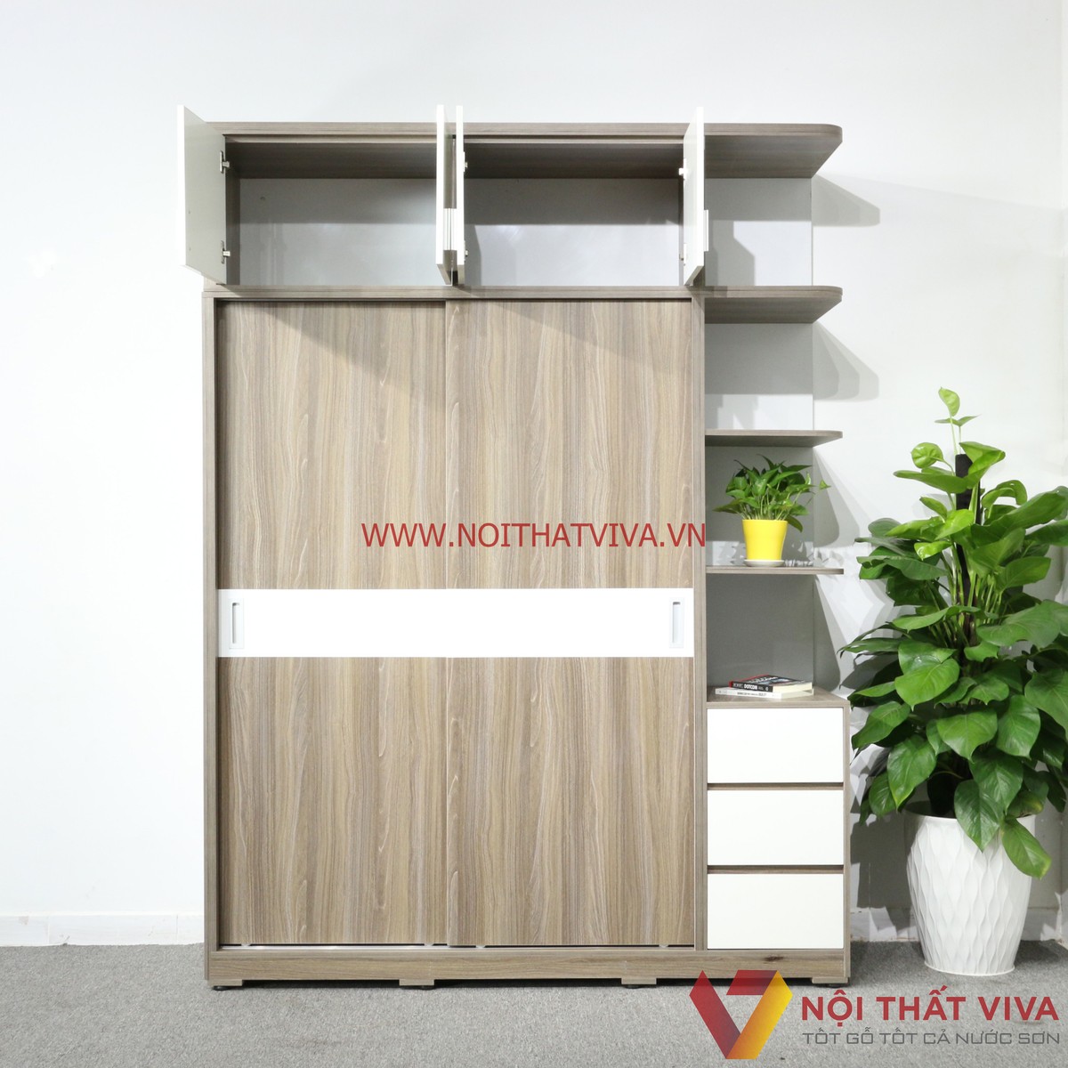Tủ Áo Lùa Kịch Trần Có Kệ Trang Trí Gỗ MDF Melamine Màu Xám Chỉ Trắng Cao Cấp