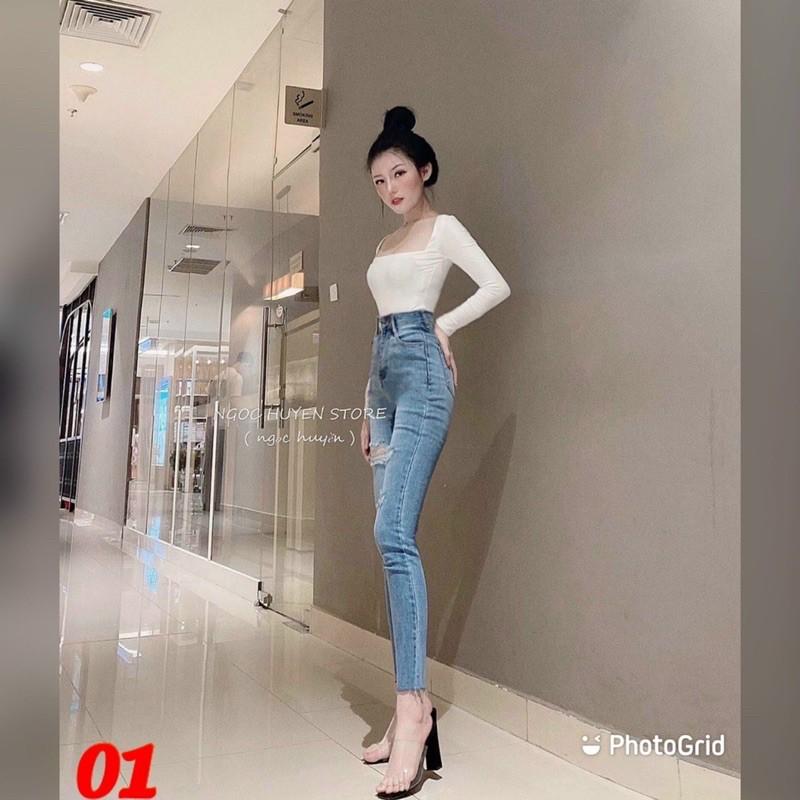 Quần jeans lưng cao rách xước nút kiểu ôm body - j20