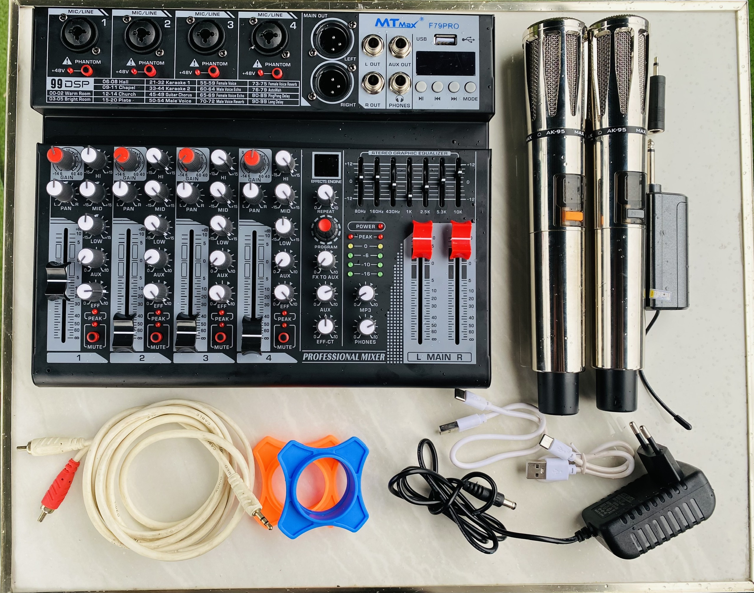 [tặng 2 dây canon hoa sen]  Combo  karaoke  nghe nhạc nâng cấp âm thanh gia đình sân khấu siêu hay mixer MTMAX F79 Pro + Micro Không Dây AK95 (Loại 2 Mic)  hàng nhập khẩu