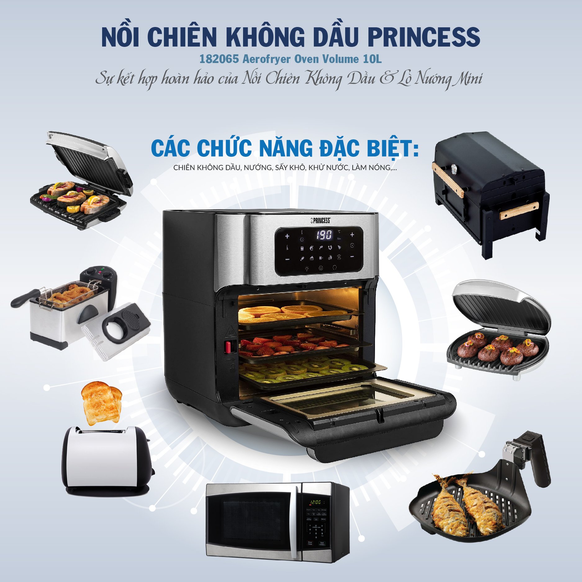 Lò Chiên Không dầu Princess 182065 Aerofryer Oven Volume – 10L- Hàng Chính Hãng