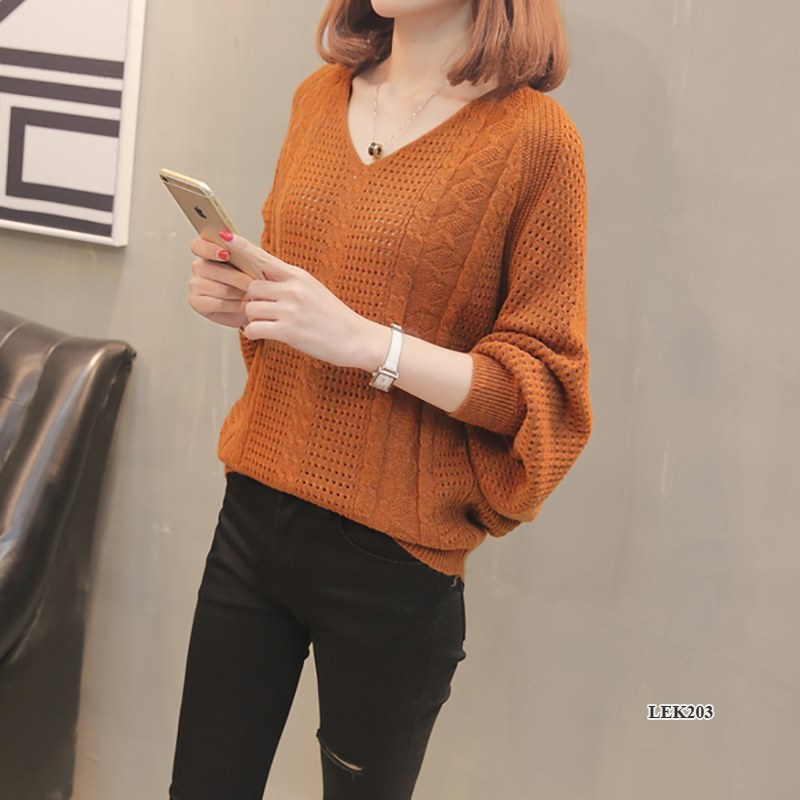 Áo len nữ cao cấp, thiết kế cánh dơi, cổ V Hàn Quốc - kiểu đan lưới rỗng thoáng khí hợp với mùa Xuân, Thu