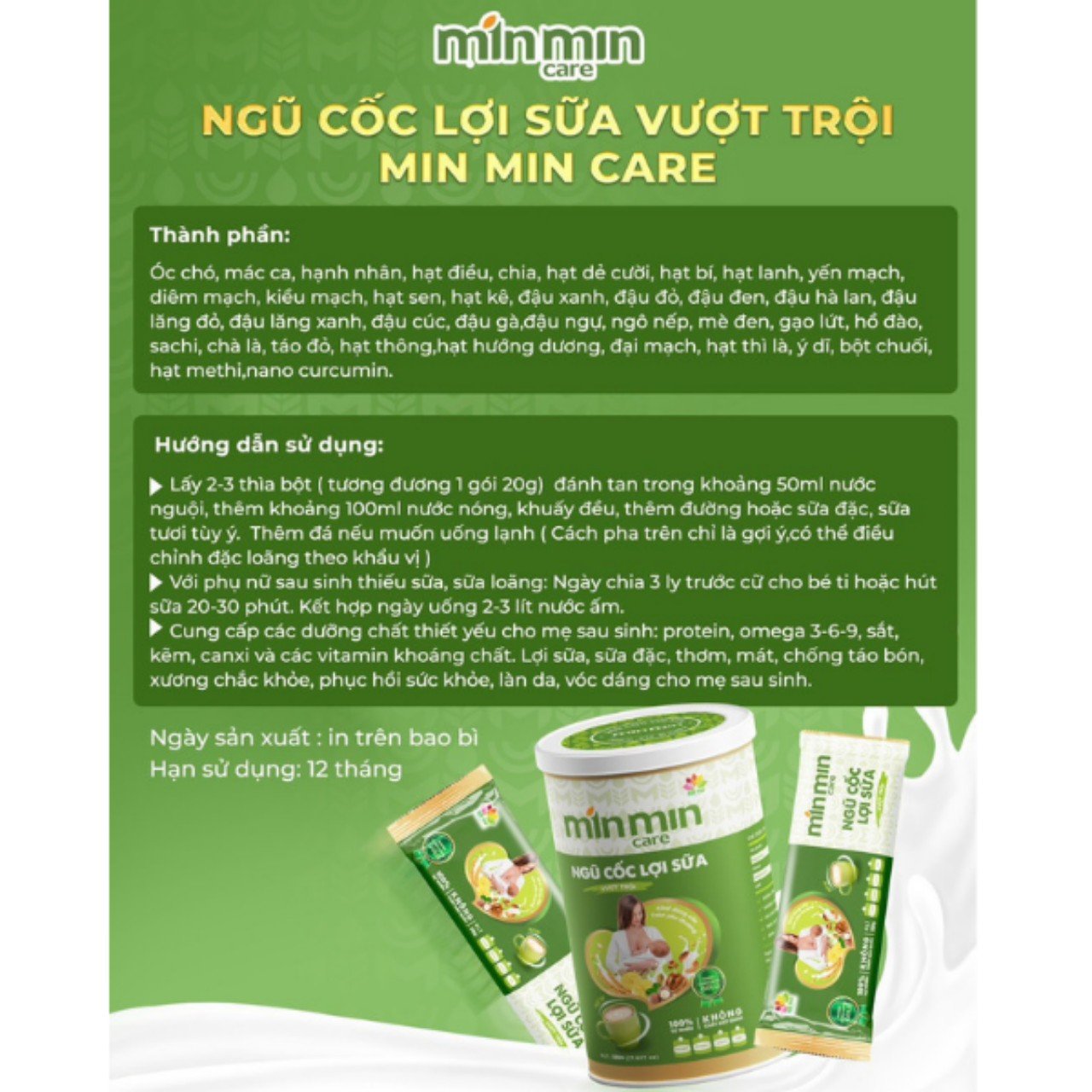 1 hộp(500g) Ngũ Cốc Min Min Lợi Sữa 38 Loại Hạt Chuyên Lợi Sữa và Phục Hồi Sức Khỏe Sau Sinh