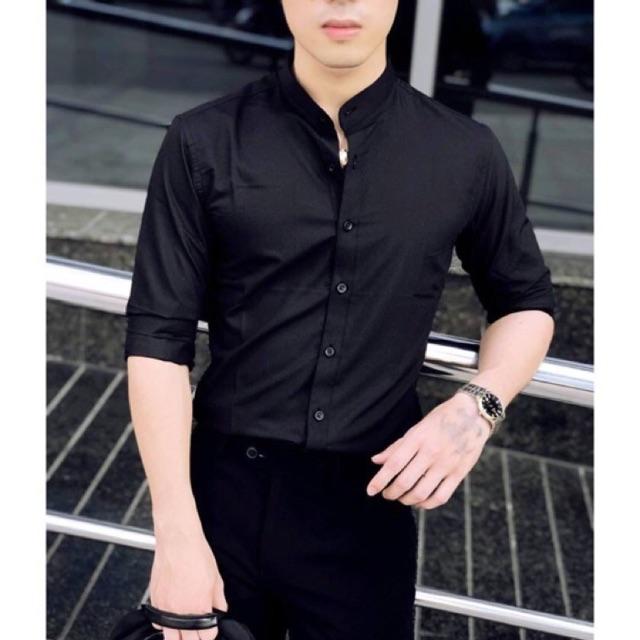 Sơ Mi nam dài tay Cổ Tàu Màu Đen