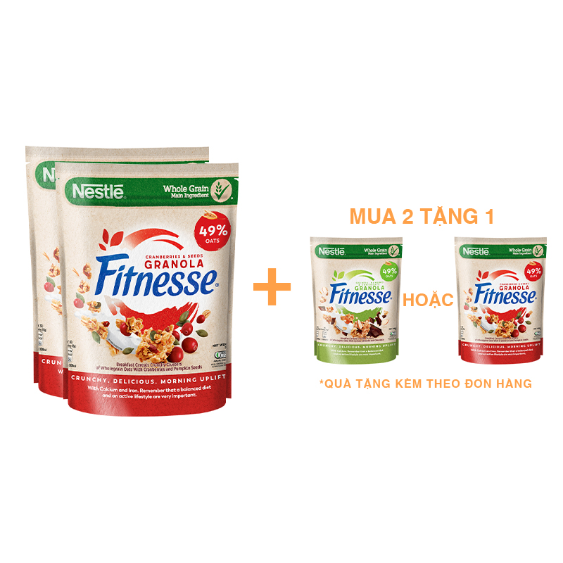 [Mua 2 Tặng 1 Bịch Granola Vị Ngẫu Nhiên 150gr] Combo 2 Bịch Ngũ cốc ăn sáng Fitnesse Granola Nam Việt Quất &amp; Hạt Bí Ngô (gói 300g)
