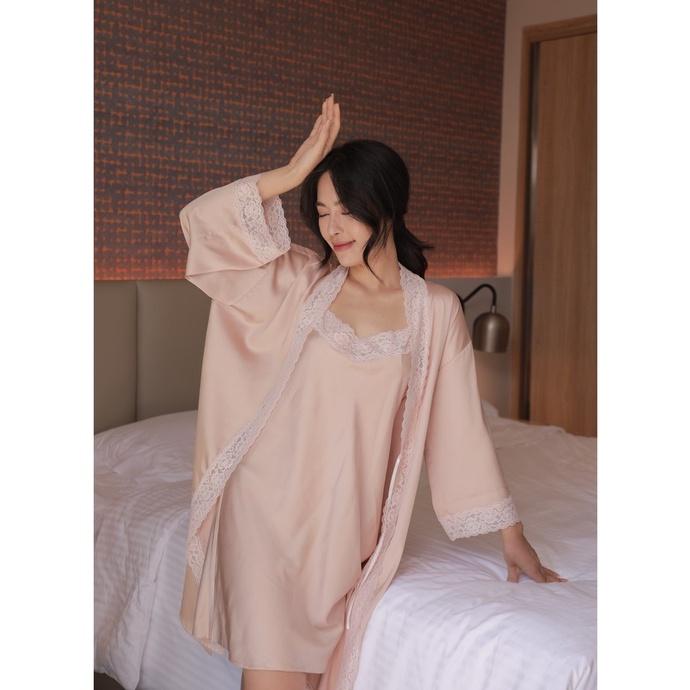 Áo Khoác Ngủ Lụa, Set Áo Choàng Và Váy 2 Dây Chất LỤA LATIN Cao Cấp, Vải Đẹp, Mát, Ít Nhăn, Phom Dưới 60kg