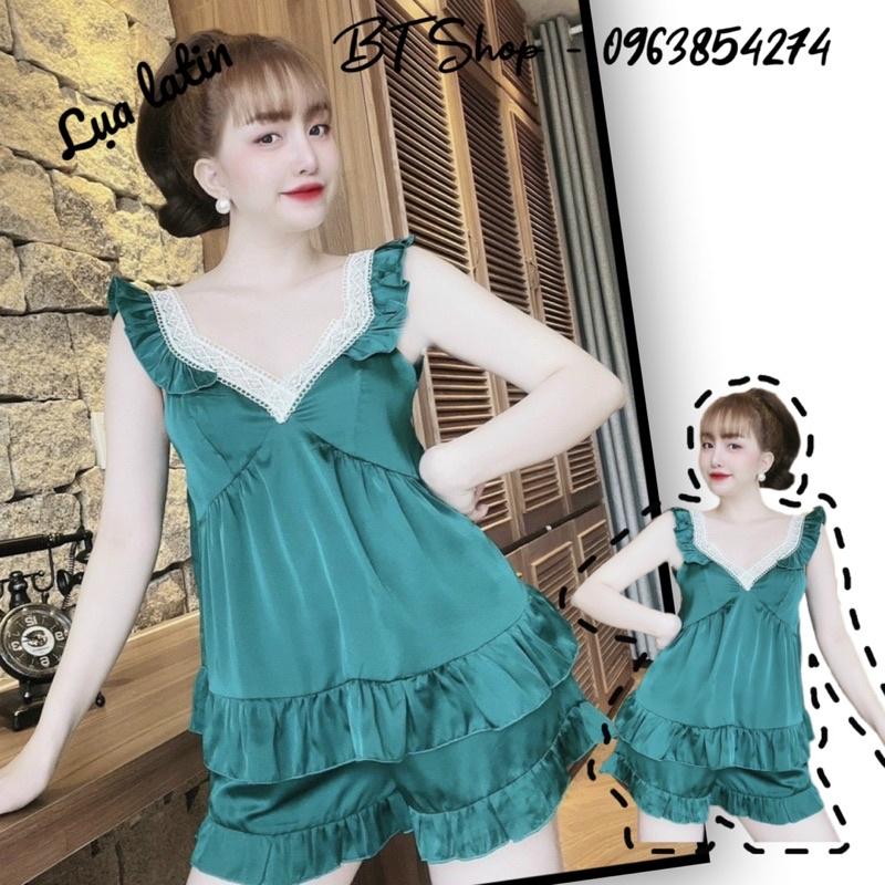 Đồ ngủ mặc nhà lụa latin cổ viền ren trơn đùi freesize 42-57kg