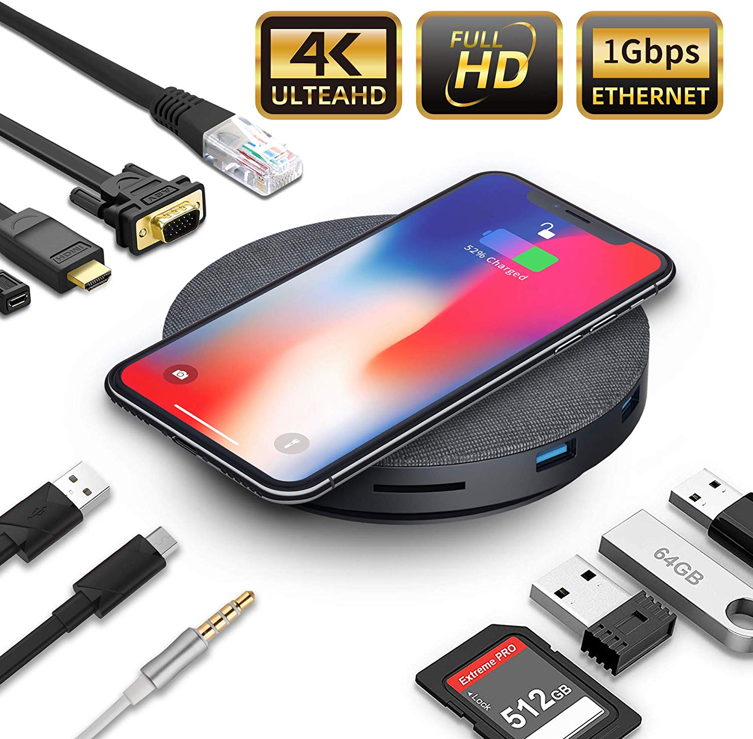 Bộ Hub đa năng QGeeM USB C 11 trong 1  gồm HDMI 4K, VGA, 3 x USB 3.0, 87W PD 3.0, Ethernet, đầu đọc thẻ SD/TF, Audio/Mic, tương thích với MacBook Pro và các thiết bị Type C-Hàng Chính Hãng