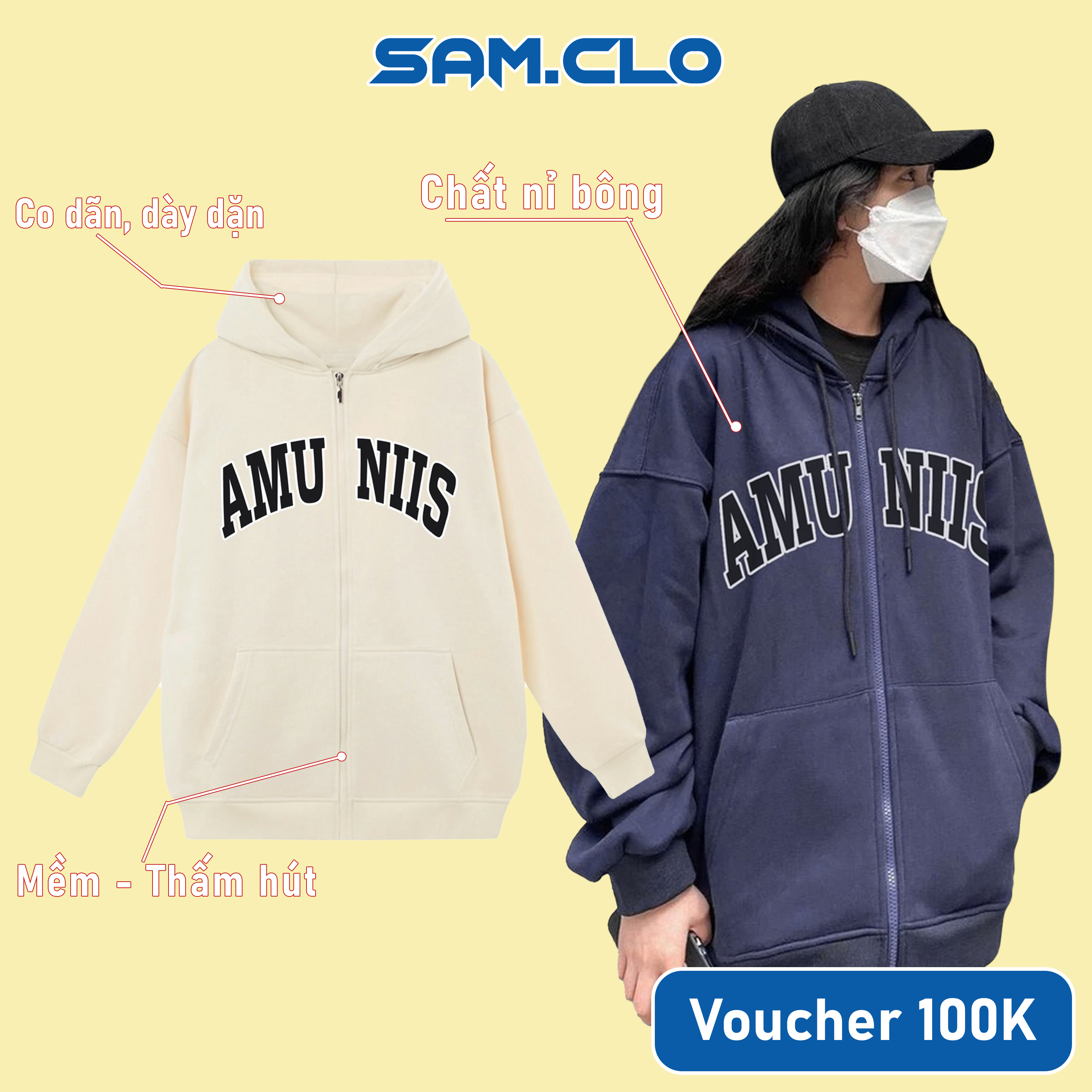 Áo khoác nỉ nam nữ Hoodie Zip SAM CLO có mũ khóa kéo chất tay dài thu đông form rộng ZIP AMU