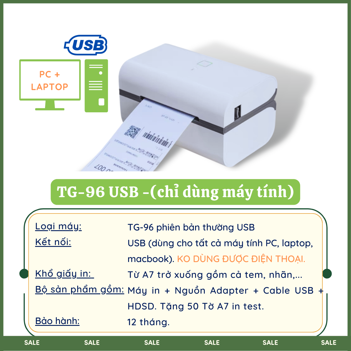 Máy in nhiệt TG-96BT (Khổ A7) kết nối Bluetooth/USB in bằng Điện Thoại và Máy Tính, In Đơn Hàng các sàn Thương Mại Điện Tử, Tem nhãn, Mã Vạch, File tự thiết kế