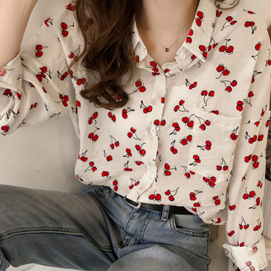 Áo sơ mi nữ vải lụa thời trang công sở in họa tiết cherry nhỏ tươi