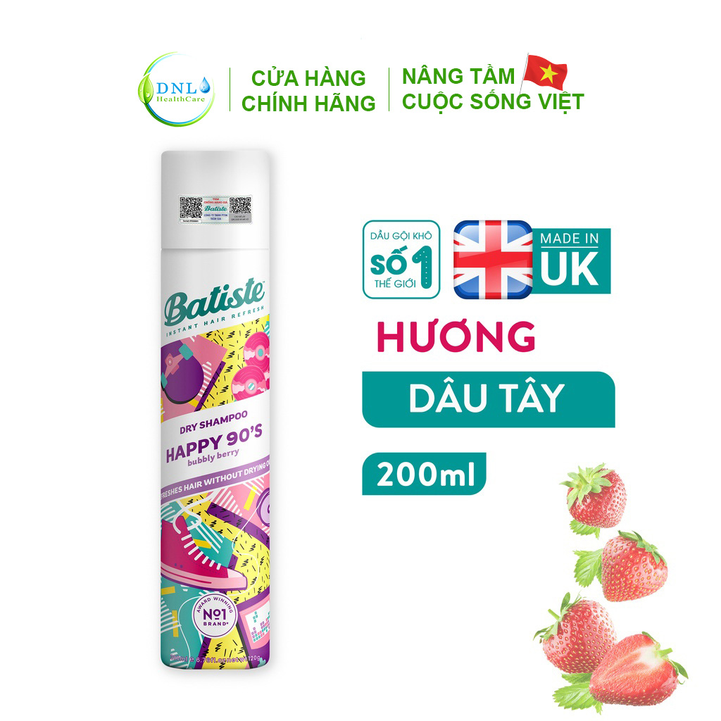 Dầu Gội Khô Batiste Hương Dâu Tây - Batiste Dry Shampoo Happy 90's Bubbly Berry 200ml