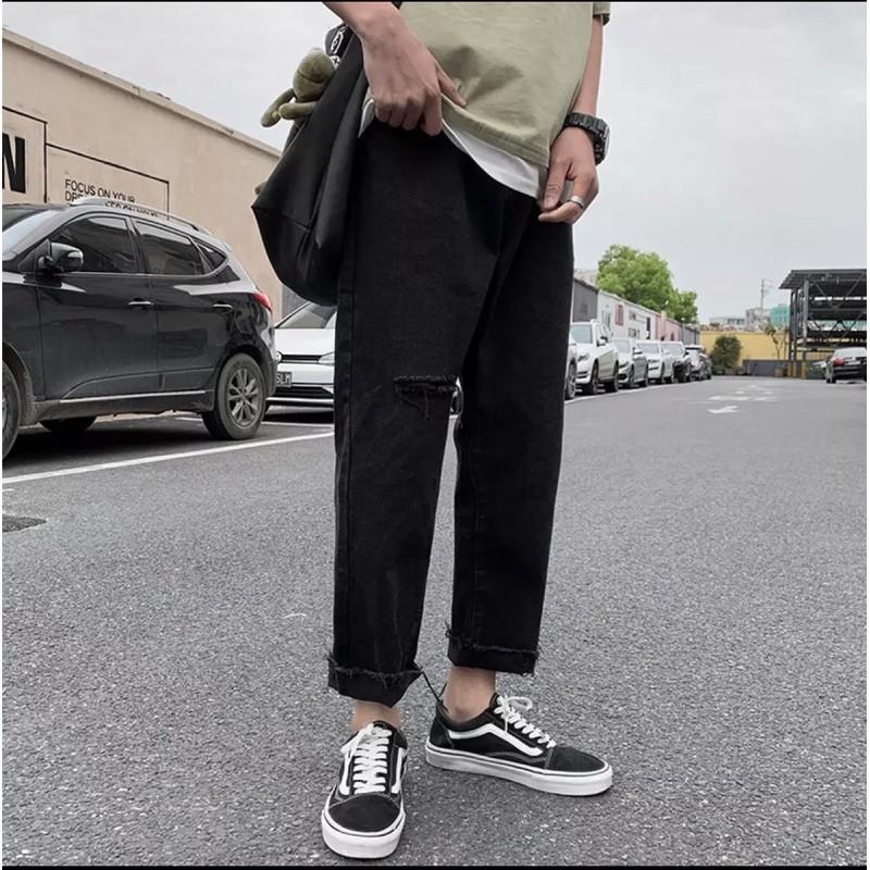 Quần Jean Baggy nam đen+ xanh sky rách gấu+ gối style hàn quốc 2021