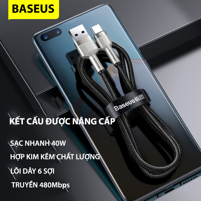 Dây sạc nhanh Baseus 40W Type C, Cáp sạc nhanh Baseus PD 40W Metal Charging Cables USB To Type-C Charger Data Line - Hàng chính hãng