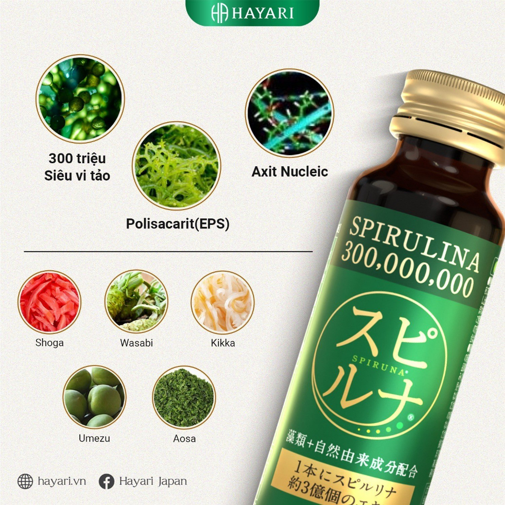 Siêu vi tảo uống 300 triệu Hayari Spirulina hộp 10 chai x 50ml