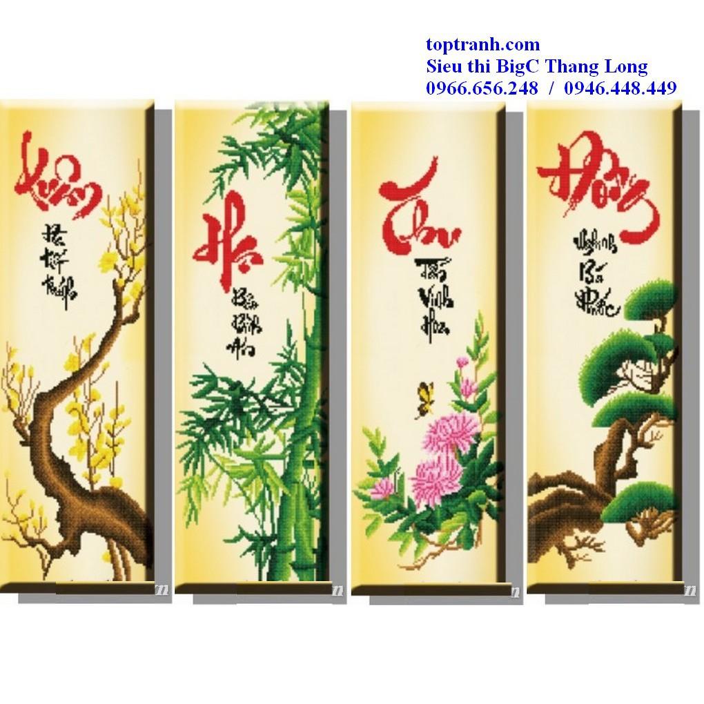 Tranh thêu tứ quý tùng trúc cúc mai 223047 , 4 mùa, xuân hạ thu đông