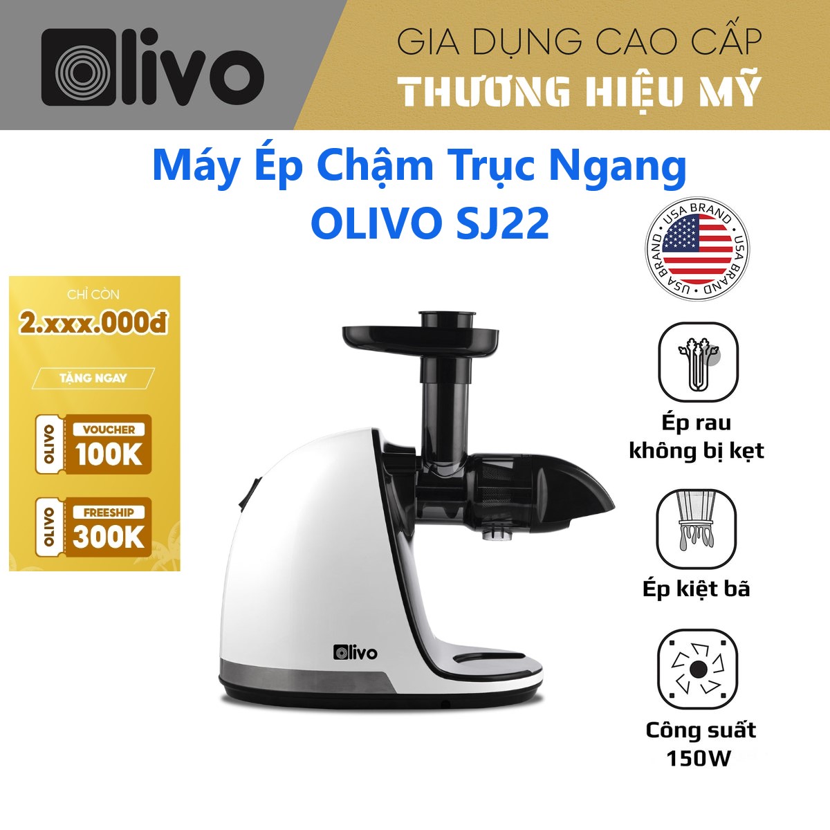 Máy Ép Chậm Trục Ngang OLIVO SJ22 – Ép Rau Không Lo Kẹt Máy – Máy Ép Trái Cây, Máy Làm Kem Hoa Quả – Hàng chính hãng