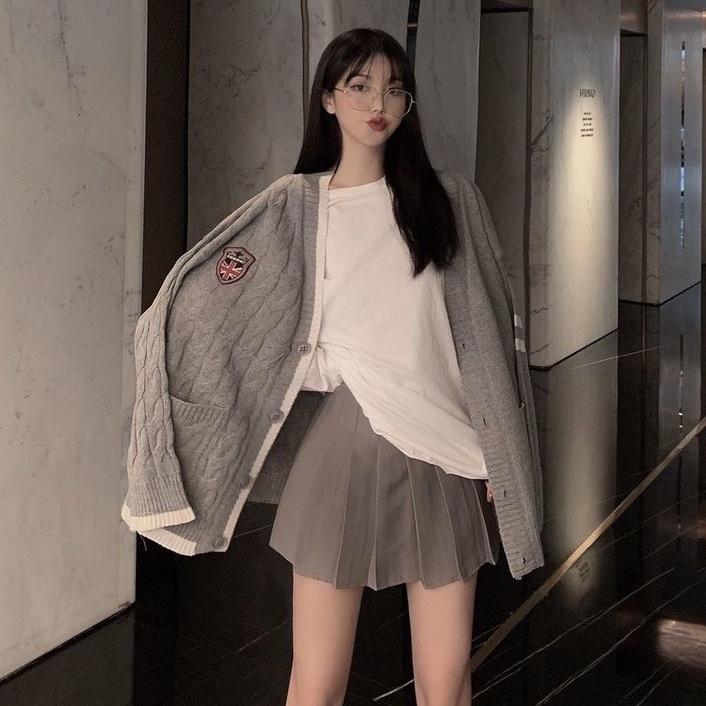 Áo Cardigan Len Trơn Thừng Logo Chất Dày Dáng Dài Xám