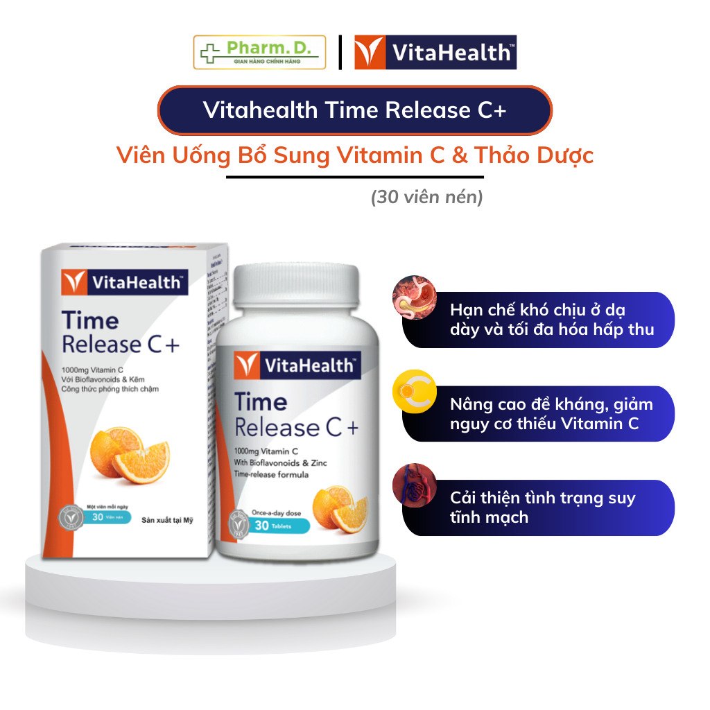Viên Uống Bổ Sung Vitamin C Hữu Cơ Tăng Sức Đề Kháng VITAHEALTH Time Release C+ ( Hộp 30 Viên)
