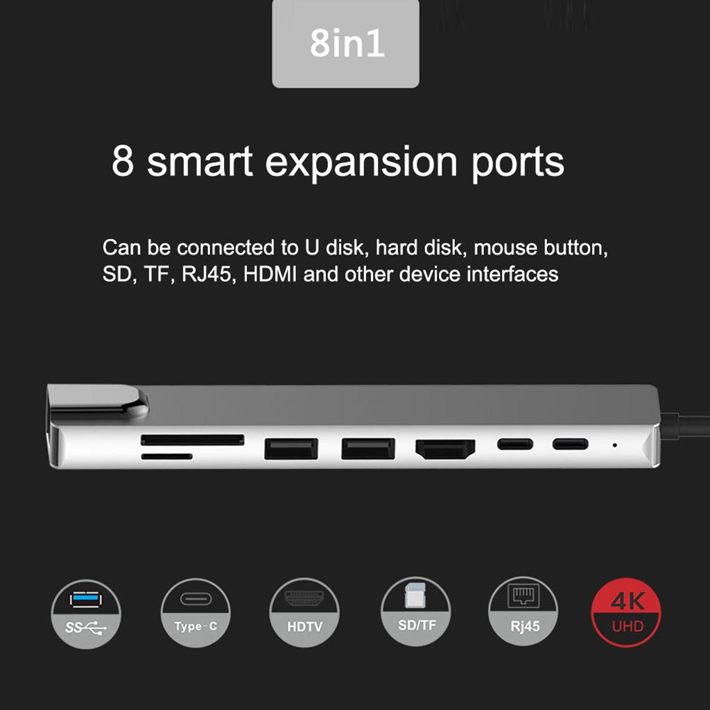 Aluminum Multifunction USB Type-C 8 In 1 HDMI Hub Adapter Card Reader Silver