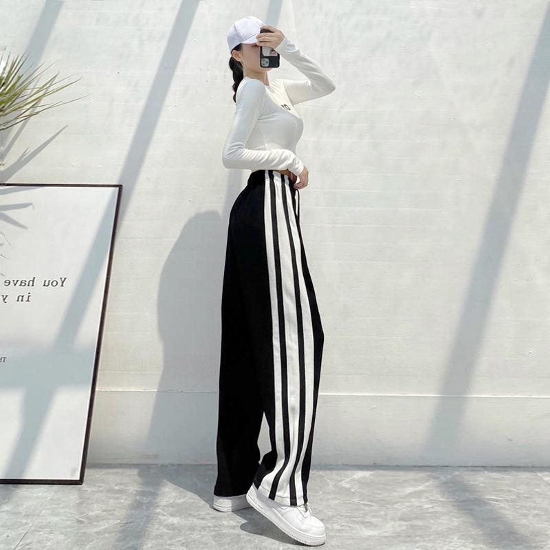 Quần Ống Rộng Nữ Zinti Cạp Thun Culottes Chất Poly Viền Kẻ To 2 Bên Họa Tiết Trơn Đen Viền Trắng QD37