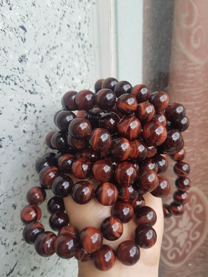 Vòng đá mắt hổ tự nhiên Đỏ Nâu Bóng Đẹp nam mệnh Hỏa, Mệnh Thổ size 16mm